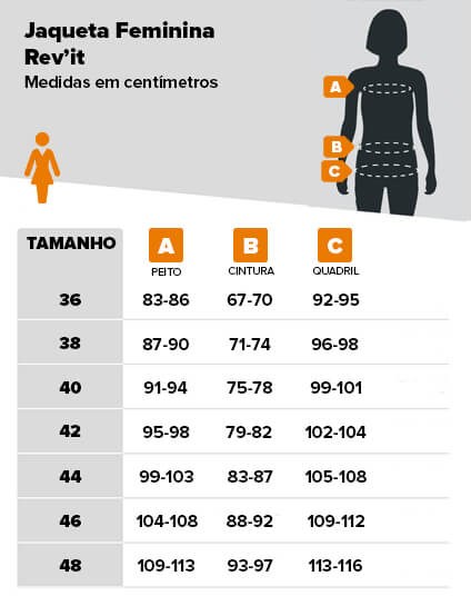 Tabela de medidas jaqueta Rev'it feminina